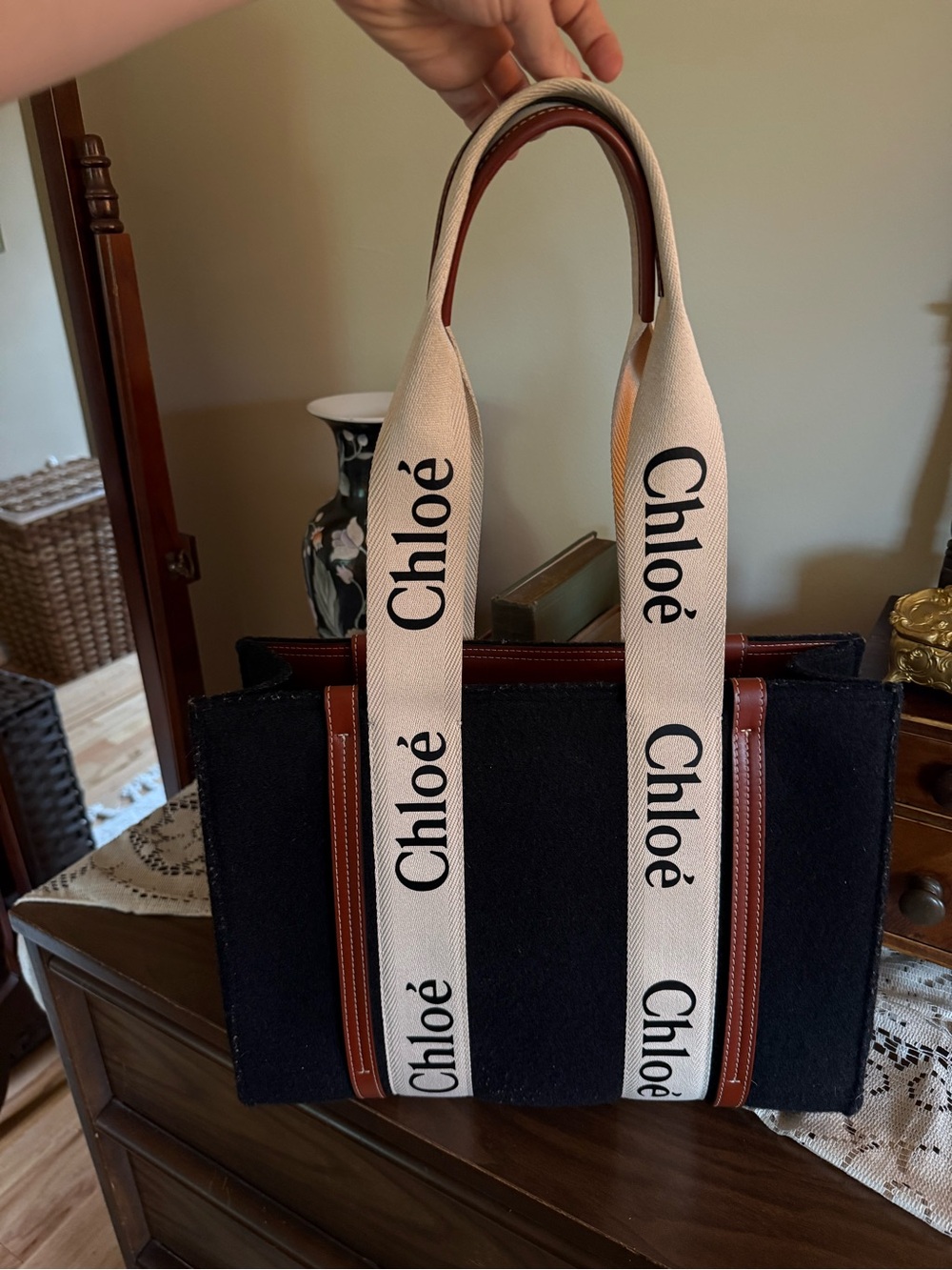 Chloé Black Canvas Tote with Cream Logo Straps and Brown Leather Trim